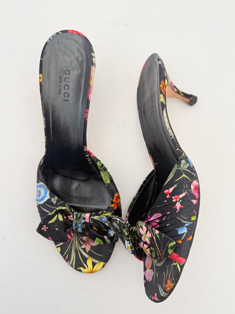 Gucci Flora Satin Bow Mule Heels Black Floral Sandals US 7 Vintage Y2K